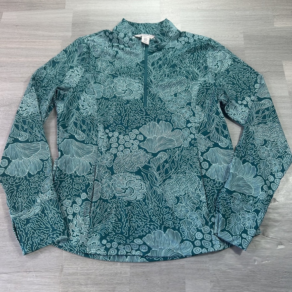 Tommy Bahama Golf Pullover Womens XL Green 1/4 Zip Long Sleeve Coral Print Top